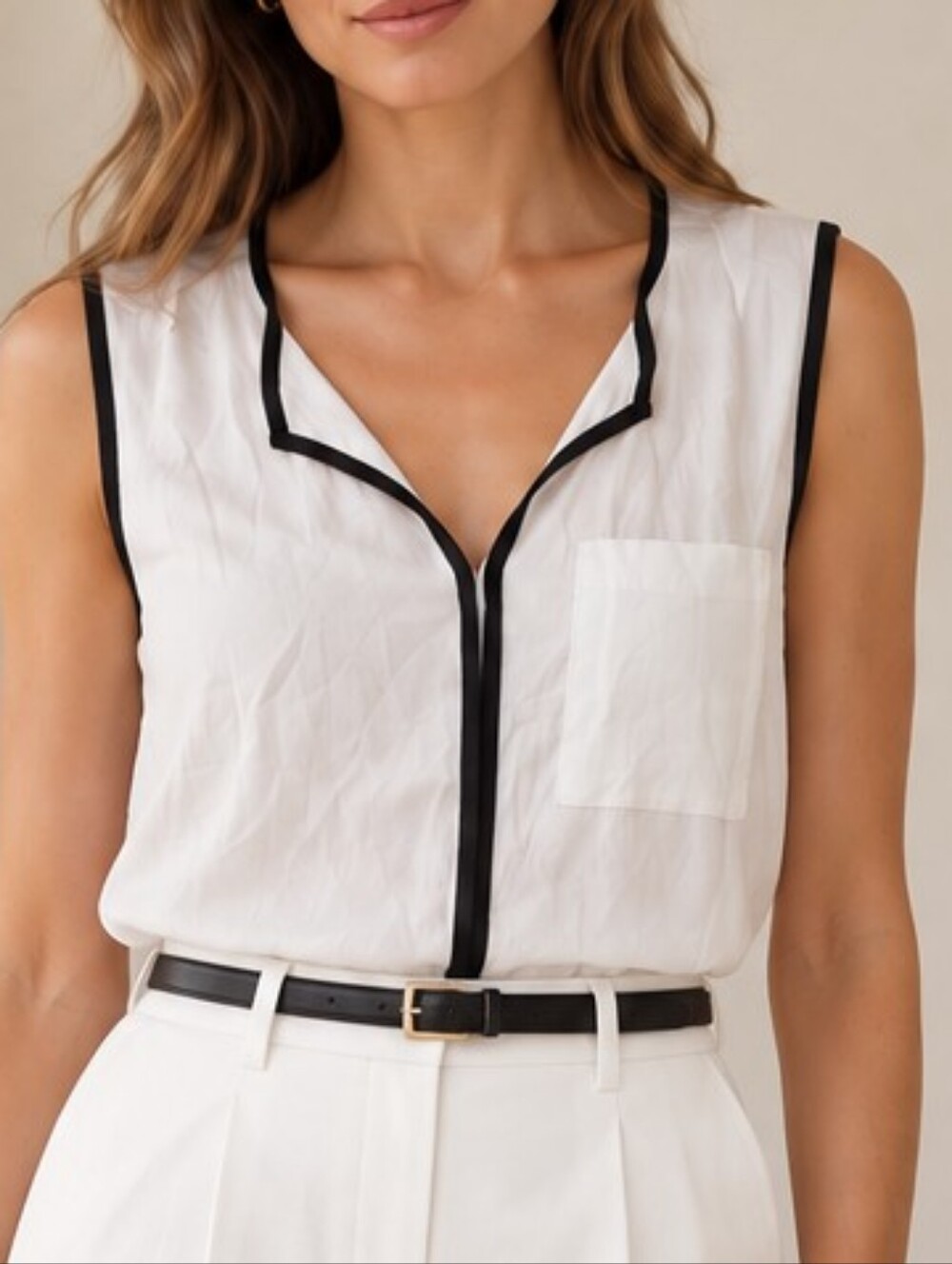 Zara White Black Trim Sleeveless Blouse XS High Low Preppy Quiet Luxury Classic